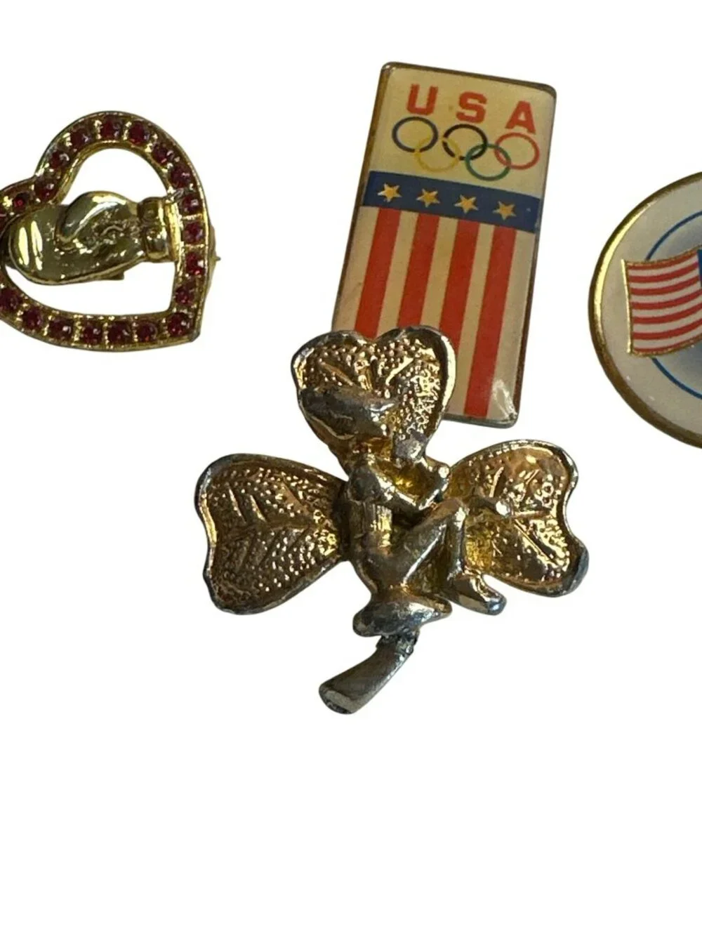 Vintage Assorted Pins Boxing Heart USA Olympic Flag Clover Elf MOAA Flag Pins
